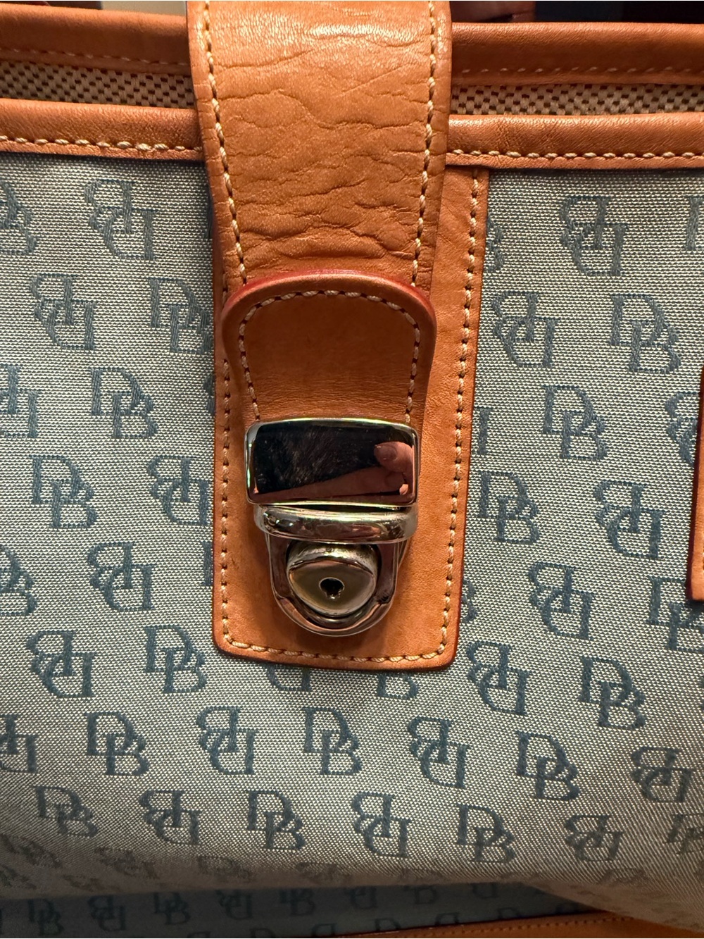 Dooney & Bourke Blue Logo Canvas Shoulder Bag with Tan Leather Trim - Picture 2 of 3
